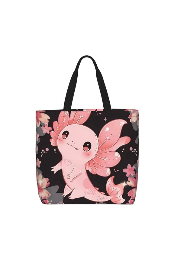 Cute Axolotl Sakura Blossoms A Pattern Tote Bag for Women,Large Capacity Tote Bag with Zipper Casual Shoulder Handbags Shopping Bag