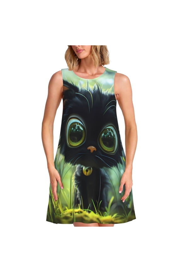 Cute Big-Eyed Black Cat Pattern Women's Summer Dresses 2025 Beach Casual Sleeveless Tank Loose Sundress Beach Vacation Clothes with Pocket -3X-Large