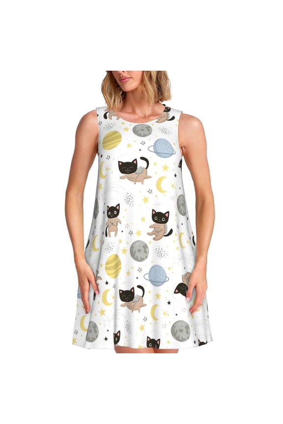 Cute Cat Pattern Women's Summer Dresses 2025 Beach Casual Sleeveless Tank Loose Sundress Beach Vacation Clothes with Pocket -3X-Large