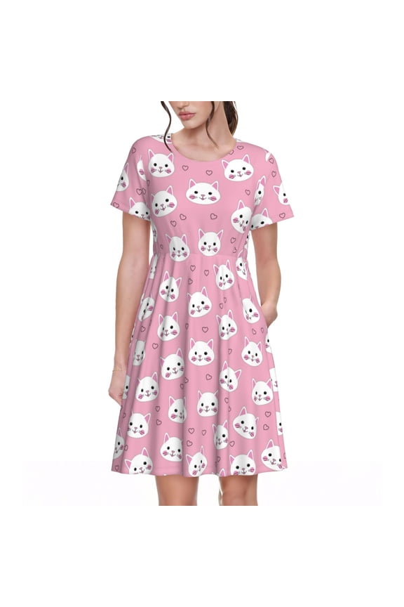 Cute Cat Pattern Womens Summer Dresses Short Sleeve Sundress 2025 Beach Vacation Dresses with Pockets -XX-Large