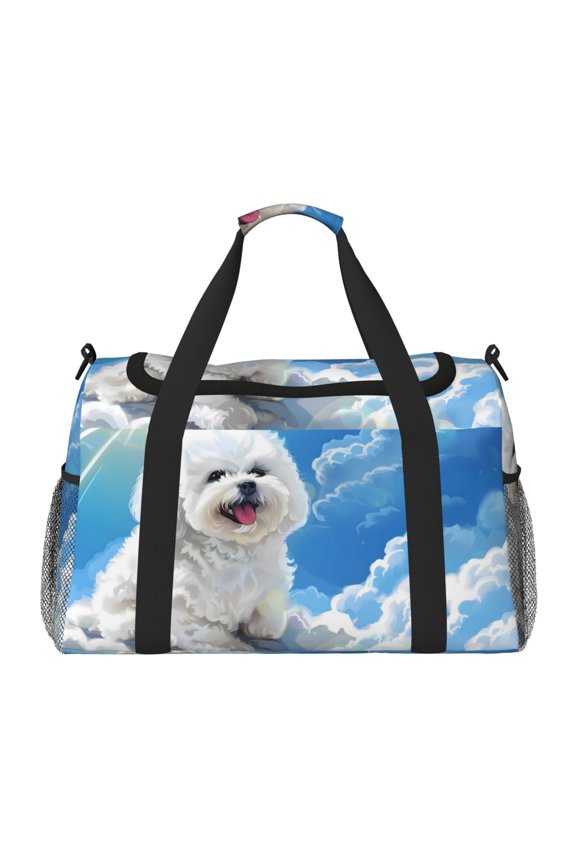 Cute Cloud Bichon Frise Print Hand Travel Bag - Foldable Travel Duffel Bags for Men Women -Sport Gym Bag - Overnight Travel Duffel Bag - Adjustable Shoulder Strap
