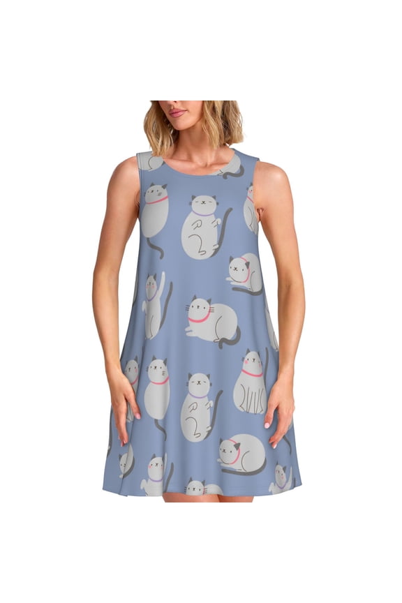 Cute Fat Cat Pattern Women's Summer Dresses 2025 Beach Casual Sleeveless Tank Loose Sundress Beach Vacation Clothes with Pocket -3X-Large