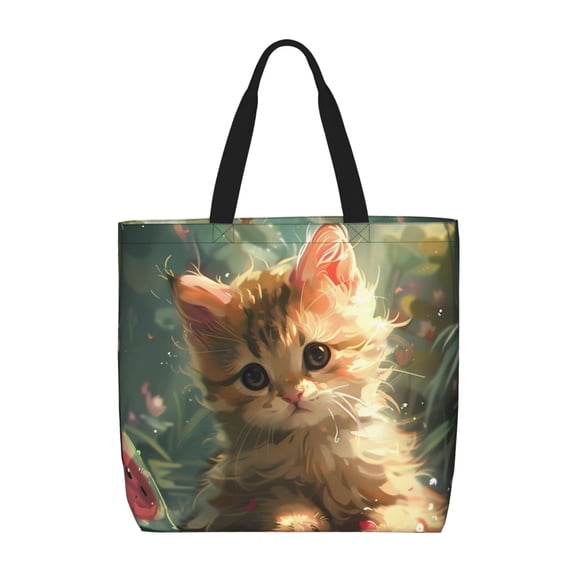 Defioc Cute Kitten Water Lilies Pattern Tote Bag for Women,Large Capacity Tote Bag with Zipper Casual Shoulder Handbags Shopping Bag