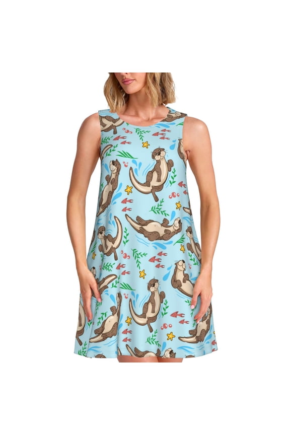 Cute Otters Pattern Women's Summer Dresses 2025 Beach Casual Sleeveless Tank Loose Sundress Beach Vacation Clothes with Pocket -Large