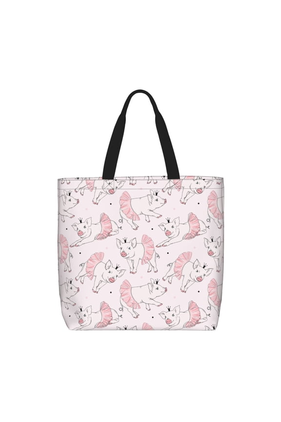 Cute Piggy Ballerina Pattern Tote Bag for Women,Large Capacity Tote Bag with Zipper Casual Shoulder Handbags Shopping Bag