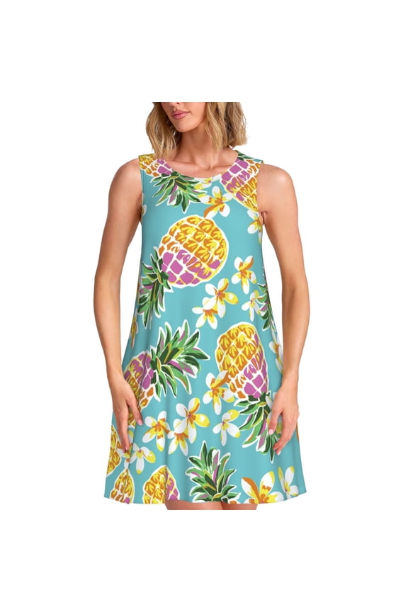 Cute Pineapples Pattern Women's Summer Dresses 2025 Beach Casual Sleeveless Tank Loose Sundress Beach Vacation Clothes with Pocket -3X-Large