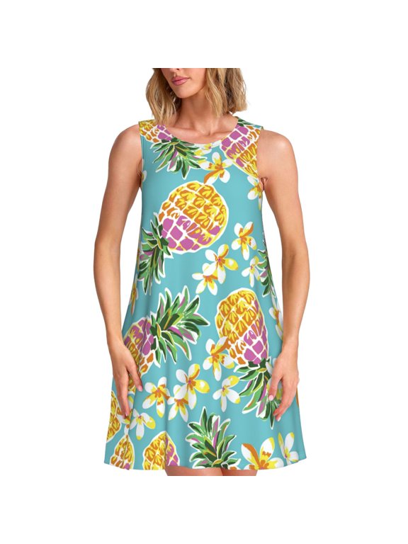 Cute Pineapples Pattern Women's Summer Dresses 2025 Beach Casual Sleeveless Tank Loose Sundress Beach Vacation Clothes with Pocket -Large