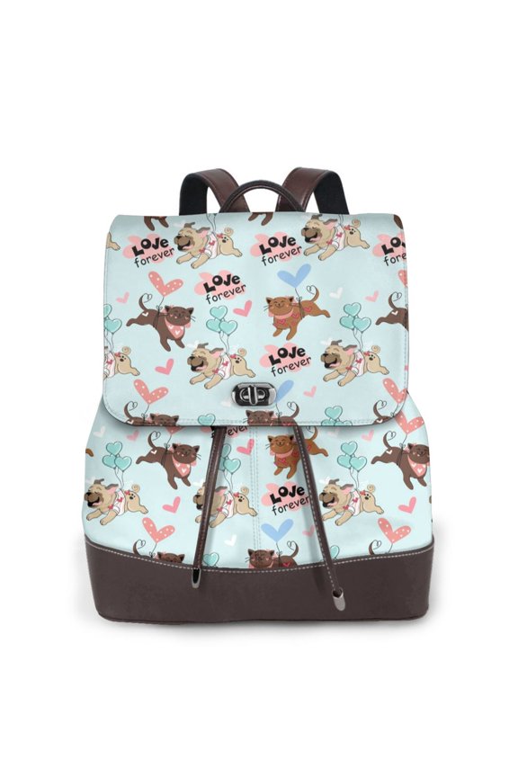 Cute Pug Dogs Print PU Leather Backpack,Backpack Purse for Women Fashion Multipurpose Design Handbag Ladies Bags Travel Backpack