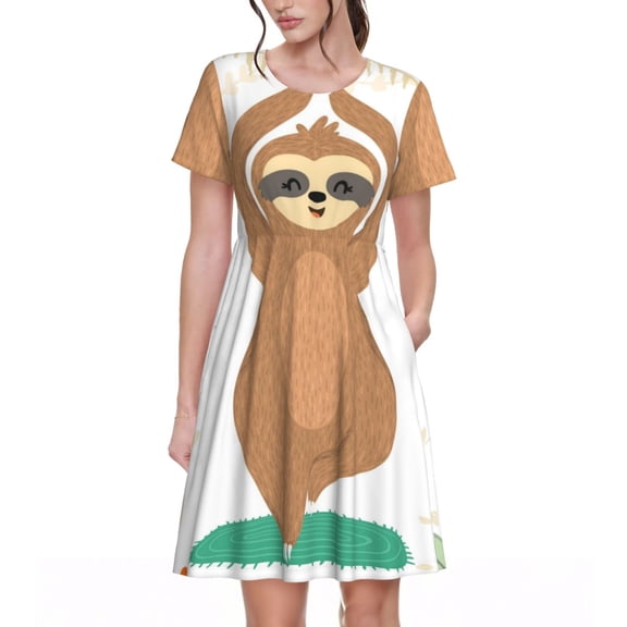 Defioc Cute Sloth In Yoga Pose Tree Pattern Womens Summer Dresses Short Sleeve Sundress 2025 Beach Vacation Dresses with Pockets -Small