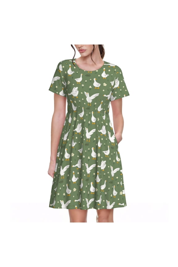 Cute goose Pattern Womens Summer Dresses Short Sleeve Sundress 2025 Beach Vacation Dresses with Pockets -XX-Large