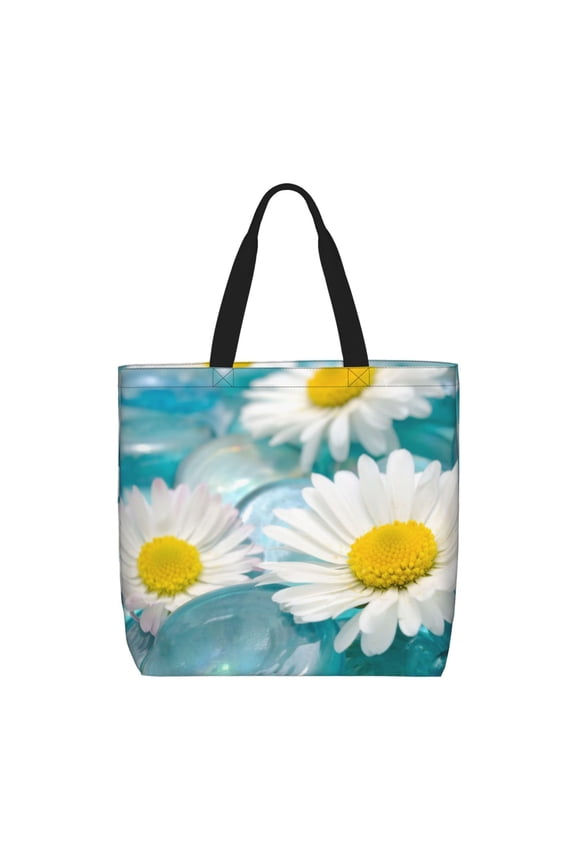 Daisy Flowers Pattern Tote Bag for Women,Large Capacity Tote Bag with Zipper Casual Shoulder Handbags Shopping Bag