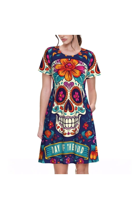 Dead Day Party Pattern Womens Summer Dresses Short Sleeve Sundress 2025 Beach Vacation Dresses with Pockets -XX-Large