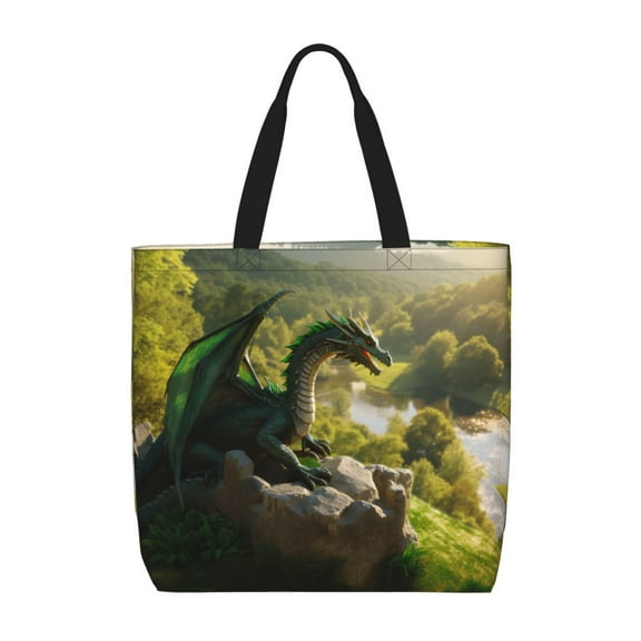 Defioc Deep Forest Stone Green Dragon Pattern Tote Bag for Women,Large Capacity Tote Bag with Zipper Casual Shoulder Handbags Shopping Bag