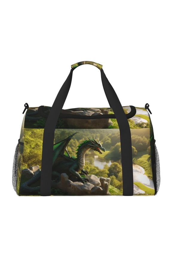 Deep Forest Stone Green Dragon Print Hand Travel Bag - Foldable Travel Duffel Bags for Men Women -Sport Gym Bag - Overnight Travel Duffel Bag - Adjustable Shoulder Strap