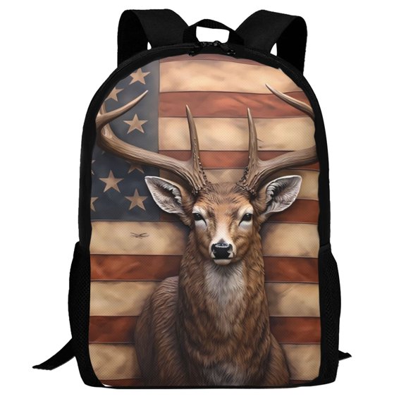 Defioc Deer American Flag Wall Pattern Carry on Backpack,16.5x12.5x5.5 Personal Item Bag Carry On Backpack Water Resistant Lightweight Daypack