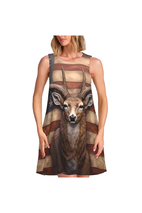 Deer American Flag Wall Pattern Women's Summer Dresses 2025 Beach Casual Sleeveless Tank Loose Sundress Beach Vacation Clothes with Pocket -XX-Large
