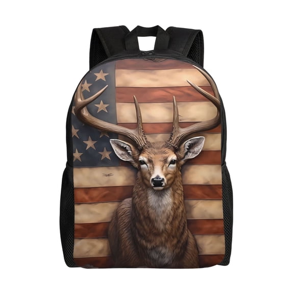 Defioc Deer American Flag Wall Print Backpack -Travel,or Work Bookbag Daypacks with 15-Inch Laptop Sleeve and Dual Water Bottle Pockets
