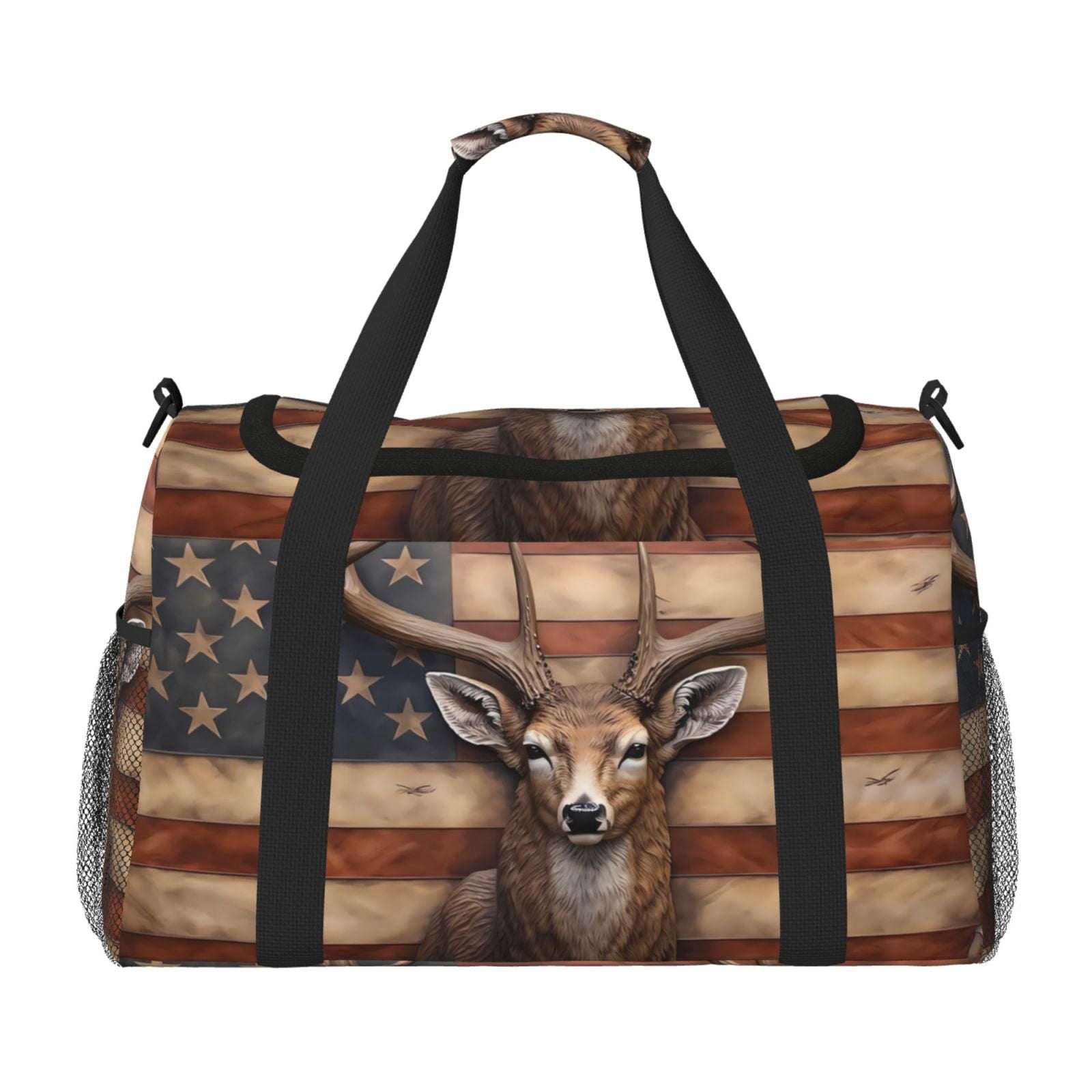Defioc Deer American Flag Wall Print Hand Travel Bag - Foldable Travel Duffel Bags for Men Women -Sport Gym Bag - Overnight Travel Duffel Bag - Adjustable Shoulder Strap