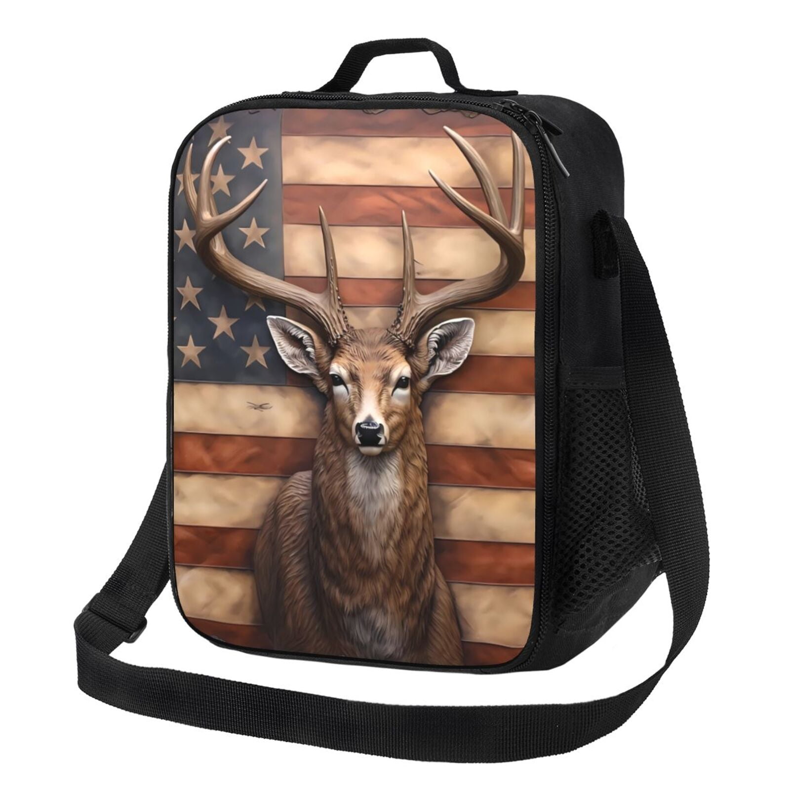 Defioc Deer American Flag Wall Print Lunch Box for Men & Women, Insulated Lunch Bag Thickened Thermal Leakproof Lunch Tote Bag for Adult Office Travel Picnic