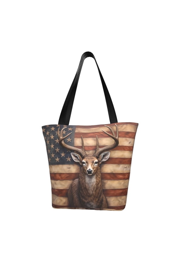 Deer American Flag Wall Print Tote Bag for Women,Shoulder Bag with Zipper Casual Tote's Handbag Big Capacity Shoulder Bag with Inner Pocket Fit for Shopping,Office,Travel