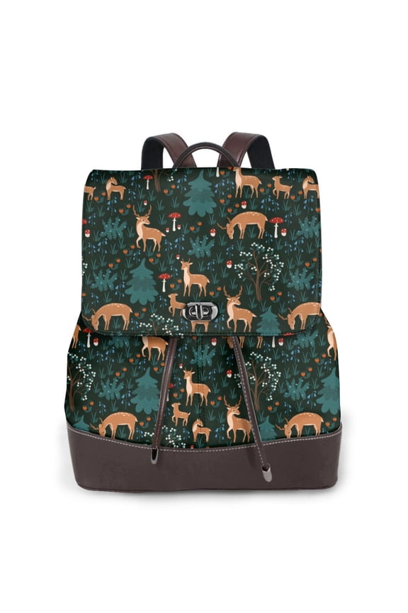 Deers In The Forest Print PU Leather Backpack,Backpack Purse for Women Fashion Multipurpose Design Handbag Ladies Bags Travel Backpack