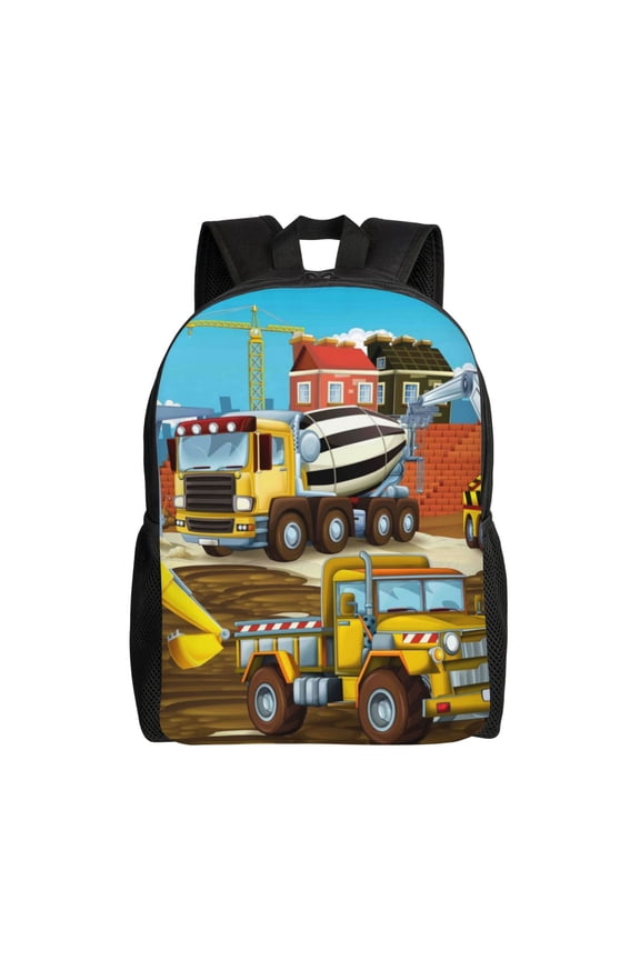 Different Construction Site Vehicles Print Backpack -Travel,or Work Bookbag Daypacks with 15-Inch Laptop Sleeve and Dual Water Bottle Pockets