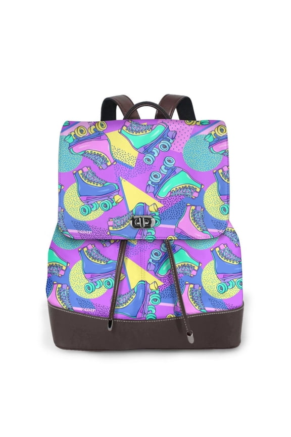Disco Roller Skates Print PU Leather Backpack,Backpack Purse for Women Fashion Multipurpose Design Handbag Ladies Bags Travel Backpack