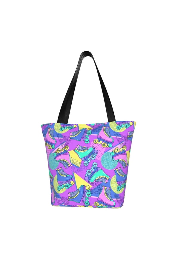 Disco Roller Skates Print Tote Bag for Women,Shoulder Bag with Zipper Casual Tote's Handbag Big Capacity Shoulder Bag with Inner Pocket Fit for Shopping,Office,Travel