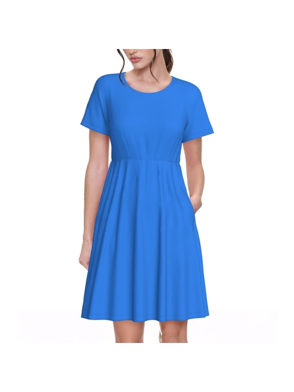 Dodgerblue Pattern Womens Summer Dresses Short Sleeve Sundress 2025 Beach Vacation Dresses with Pockets -XX-Large