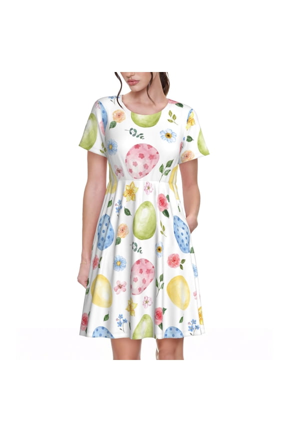 Easter Egg3 Pattern Womens Summer Dresses Short Sleeve Sundress 2025 Beach Vacation Dresses with Pockets -Medium
