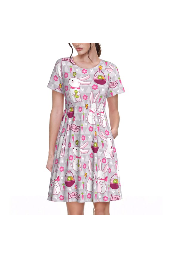 Easter Rabbit Pattern Womens Summer Dresses Short Sleeve Sundress 2025 Beach Vacation Dresses with Pockets -3X-Large