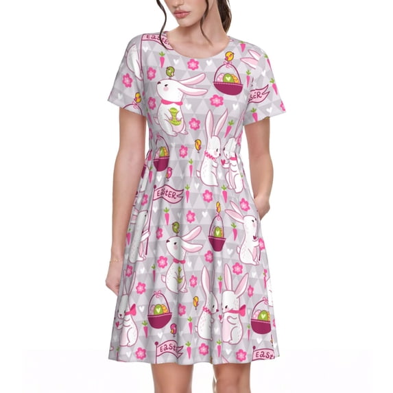 Defioc Easter Rabbit Pattern Womens Summer Dresses Short Sleeve Sundress 2025 Beach Vacation Dresses with Pockets -Small