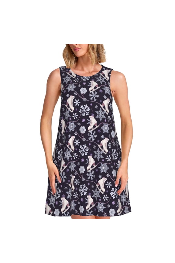 Elegant ice skates snowflakes A Pattern Women's Summer Dresses 2025 Beach Casual Sleeveless Tank Loose Sundress Beach Vacation Clothes with Pocket -3X-Large