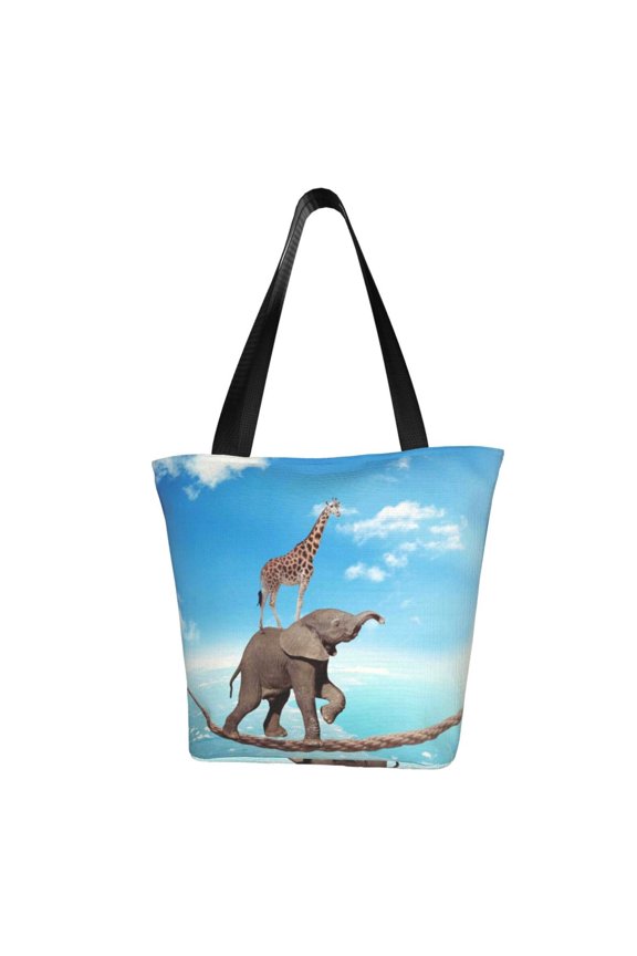 Elephant Giraffe Print Tote Bag for Women,Shoulder Bag with Zipper Casual Tote's Handbag Big Capacity Shoulder Bag with Inner Pocket Fit for Shopping,Office,Travel