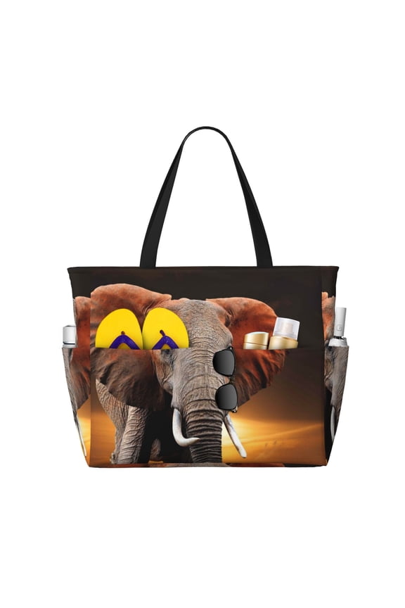 Elephant Sunset in Kenya Pattern Beach Bag for Women - Large Beach Tote Bag Waterproof Sandproof Swim Pool Bag Everyday Bag Handbags with Zipper