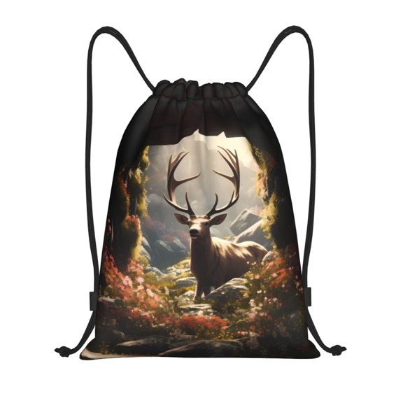 Defioc Enchanted Deer In Cave for Drawstring Backpack Sports Gym Bag for Women Men Children Adult Sackpack Yoga Bag for Wet Swimming,Gym,and Workout Gear -Small