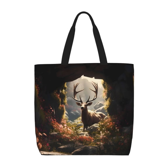 Defioc Enchanted Deer In Cave Pattern Tote Bag for Women,Large Capacity Tote Bag with Zipper Casual Shoulder Handbags Shopping Bag