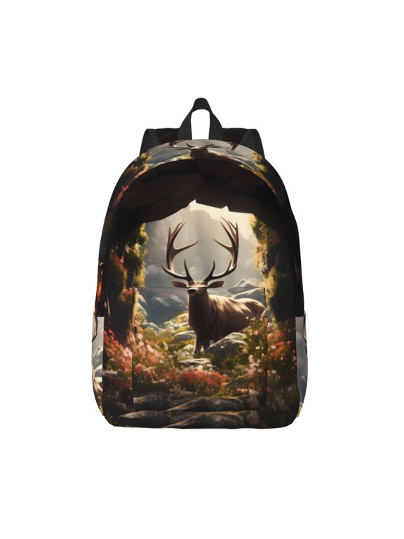 Enchanted Deer In Cave for Canvas Backpack,Travel Rucksack Unisex Knapsack Laptop Backpack for Work & College -Small