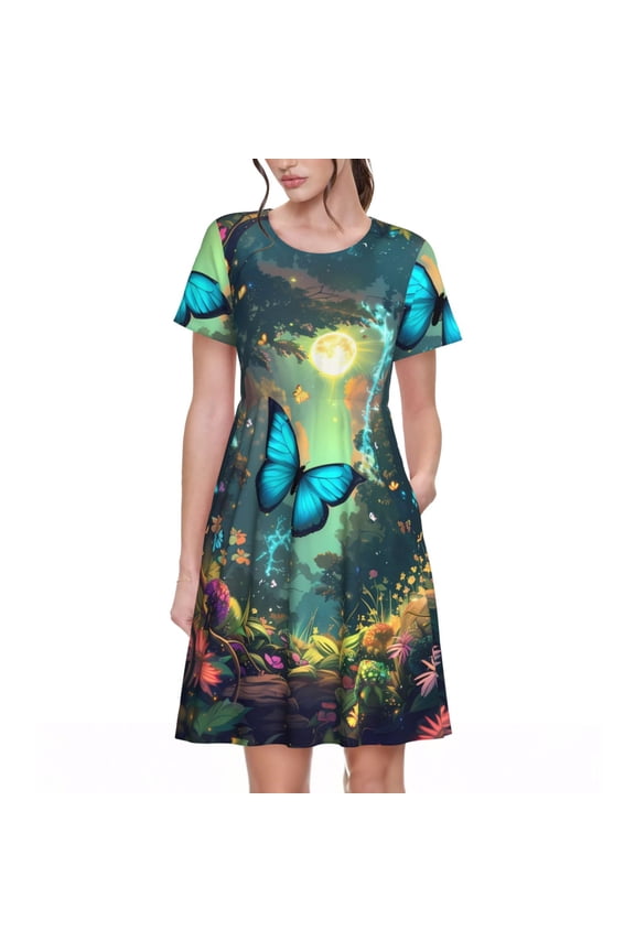 Enchanted Forest Butterfly A Pattern Womens Summer Dresses Short Sleeve Sundress 2025 Beach Vacation Dresses with Pockets -XX-Large