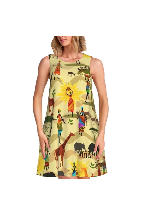 Ethnic African Pattern Women's Summer Dresses 2025 Beach Casual Sleeveless Tank Loose Sundress Beach Vacation Clothes with Pocket -Small