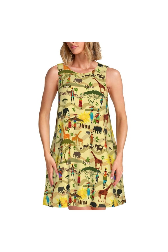 Ethnic African Pattern Women's Summer Dresses 2025 Beach Casual Sleeveless Tank Loose Sundress Beach Vacation Clothes with Pocket -XX-Large