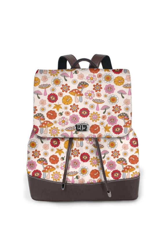 Fall 70s Groovy Hippie Print PU Leather Backpack,Backpack Purse for Women Fashion Multipurpose Design Handbag Ladies Bags Travel Backpack