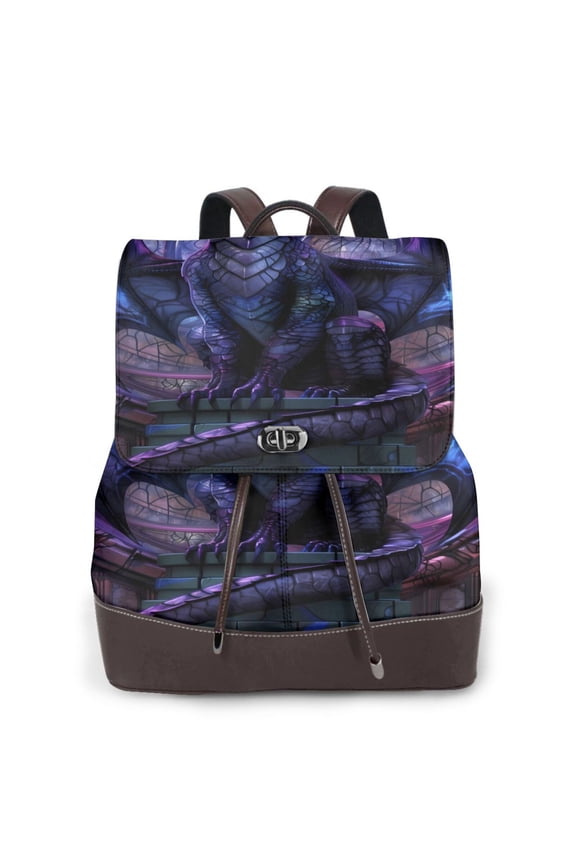 Fantasy Dragon In Cathedral Print PU Leather Backpack,Backpack Purse for Women Fashion Multipurpose Design Handbag Ladies Bags Travel Backpack