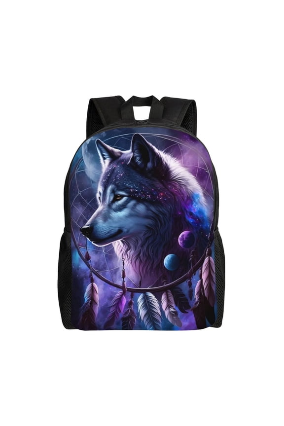 Feathered Wolf Print Backpack -Travel,or Work Bookbag Daypacks with 15-Inch Laptop Sleeve and Dual Water Bottle Pockets