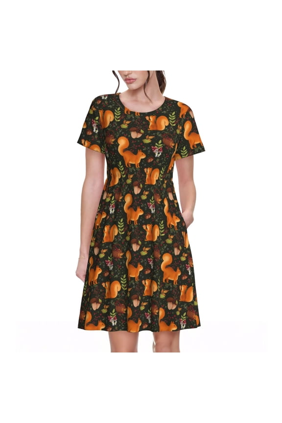 Festive Squirrels Dark Forest Pattern Womens Summer Dresses Short Sleeve Sundress 2025 Beach Vacation Dresses with Pockets -Medium