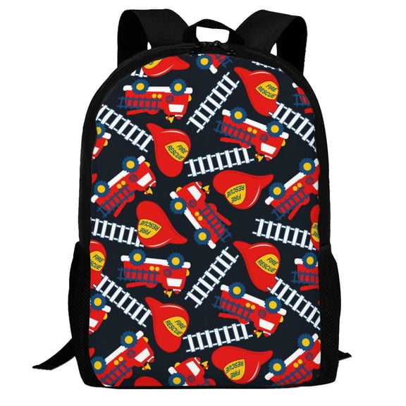 Defioc Fire Rescue With Red Helmet And Truck Pattern Carry on Backpack,16.5x12.5x5.5 Personal Item Bag Carry On Backpack Water Resistant Lightweight Daypack