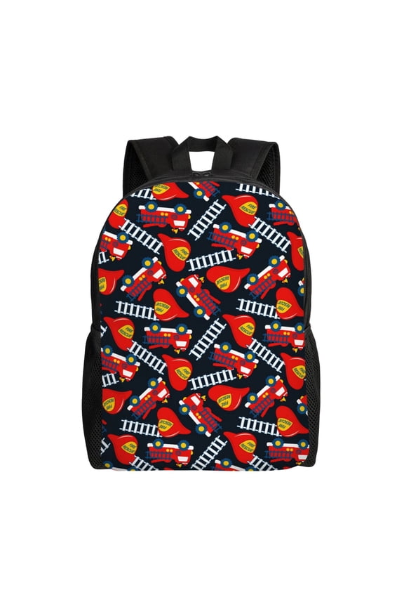 Fire Rescue With Red Helmet And Truck Print Backpack -Travel,or Work Bookbag Daypacks with 15-Inch Laptop Sleeve and Dual Water Bottle Pockets