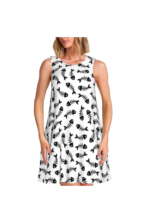 Fish Bone Pattern Women's Summer Dresses 2025 Beach Casual Sleeveless Tank Loose Sundress Beach Vacation Clothes with Pocket -Large