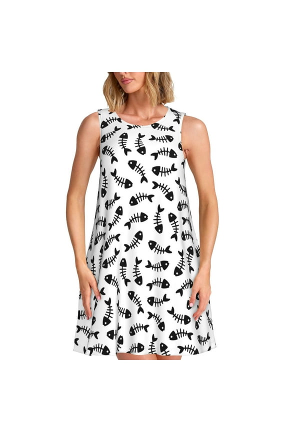 Fish Bone Pattern Women's Summer Dresses 2025 Beach Casual Sleeveless Tank Loose Sundress Beach Vacation Clothes with Pocket -XX-Large