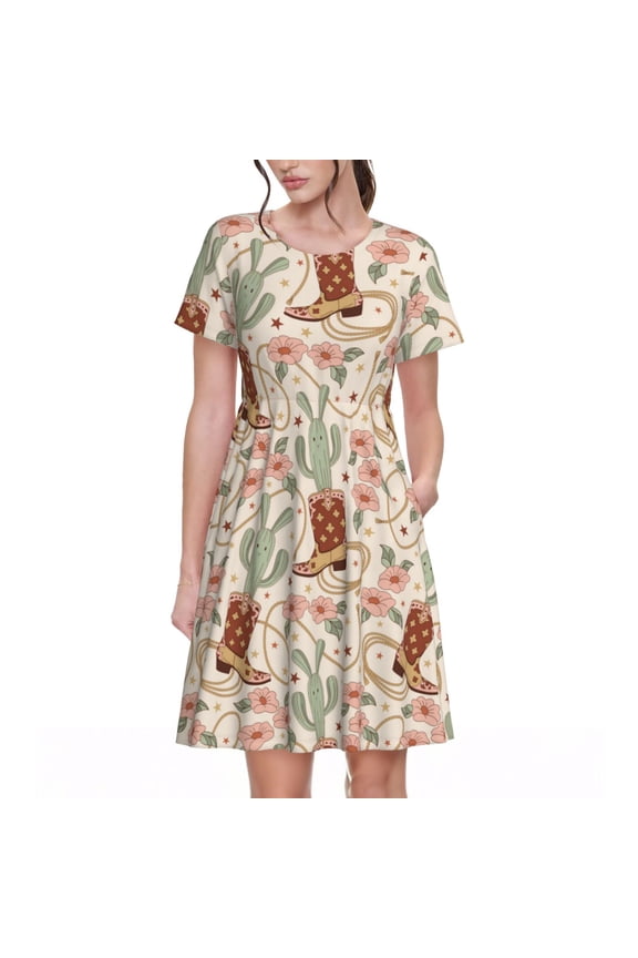 Floral Cowboy Boots Pattern Womens Summer Dresses Short Sleeve Sundress 2025 Beach Vacation Dresses with Pockets -3X-Large